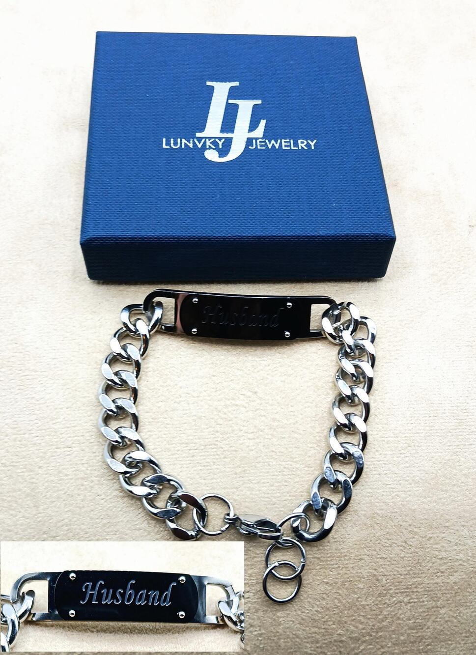New-Stainless Steel Engraved "Husband" Cuban Link Bracelet w/Scripture on Back